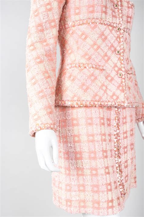 chanel skirt suit pink|vintage Chanel tweed suit.